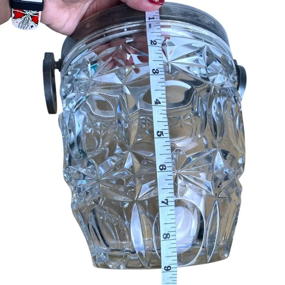 Vintage French Cut‎ Glass Ice Bucket Silver Plate Ring Handles Barware Heavy- SS